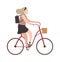 Woman riding on bicycle. Simple character cyclist girl rides on bike. Outdoor activities in park, healthy lifestyle