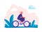 Woman riding bicycles in park. Female holiday trip, trendy enjoyment cartoon characters doing sport activitie. Vector