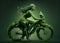 Woman riding a bike covered with green leaves, eco and environment concept, sustainable transport and travel, bicycle day
