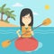 Woman riding in kayak vector illustration.