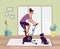 Woman riding stationary bike stay at home vector