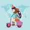 Woman riding vespa bike travel around the world map bag