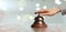 Woman ringing hotel service bell on background, closeup. Banner design