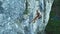 Woman rock climber hanging on a rope on tough sport route, resting and chalking hands.