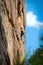 Woman rock climbs vertical cliff face at Walls Ledge Porters Pass Centennial Glen Circuit