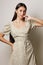 woman romantic dress beige portrait smile attractive beauty girl background young cosmetic