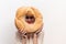 woman with round loaf of bread loaf model with transparent cloth on her head