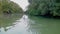 Woman rowing kayak on river on bank of which there are many green trees