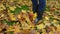 Woman rubber boots play colorful autumn maple tree leaves meadow