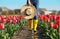 Woman in rubber boots walking across field with beautiful tulips after rain