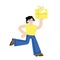Woman run with box. Delivery service. Female character in yellow clothes. Courier with gift.