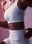 Woman, runner athlete and abdomen closeup for sportswear advertising or fitness training. Young black sports girl, abs