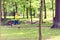 Woman runner running jogging in green summer park and woods