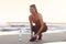 Woman running alone at beautiful dusk on the beach