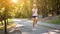 Woman running asphalt road summer park