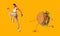 Woman Running Away From Burger Exercising Losing Weight, Yellow Background