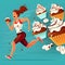 Woman running away from sweets and junk food. A good looking young sportive woman is trying to run away from unhealthy food.