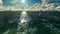 Woman running on the beach with yacht sailing, travel camera