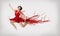 Woman Running in Jump, Girl Performer Leap Dancing in Red Dress