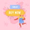 Woman Running near Huge Buy Now Button and Shopping Icons Flying around. Big Sale Promo Campaign, Internet Purchase