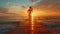 Woman running on a wooden dock towards the sunset over the ocean.