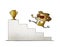 Woman runs up some stairs to reach a golden trophy. isolated