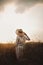 Woman in rustic dress and hat enjoying peaceful sunset in wildflowers and herbs in summer meadow. Atmospheric authentic moment.