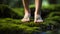 A woman& x27;s bare feet standing on a moss covered rock, AI