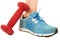 Woman\'s blue athletic shoe and red barbell