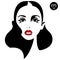 Woman`s face with red lips. Vector fashion illustration. Black and white silhouette