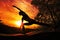 Woman\\\'s Graceful Silhouette in Extreme Yoga Pose in Front of a Vibrant Sunset