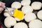 a woman`s hand as she greases round buns with butter using a yellow silicone kitchen brush