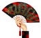 Woman`s hand with a black chinese fan with gold decorative grago