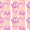 Woman\'s hand with brass knuckles. Fist raised up. Girl Power. Fe