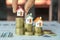 The woman`s hand caught a small house on the coin pile. coins to buy a home concept concept for property ladder. A small house on