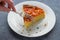Woman\\\'s Hand Cutting Through a Slice of Blood Orange Almond Cake with a Fork