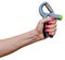 Woman`s hand with hand expander hand gripper. Hand grip strengthening tool. Expander with spring.
