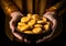 Woman\\\'s hand hold a bowl with delicious cookies. Christmas time. AI generated