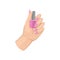 Woman s hand holding bottle of pink nail polish. Fresh manicure. Shiny lacquer fingernails. Flat vector for promo poster