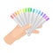 Woman s hand holding color palette of nail polishes. False fingernails for manicure. Flat vector element for promo