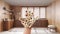 Woman\\\'s hand holding daisies, spring and flowers idea, over farmhouse wooden kitchen with cabinets