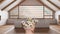 Woman\\\'s hand holding daisies, spring and flowers idea, over japandi wooden kitchen with island, attic penthouse