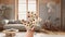 Woman\\\'s hand holding daisies, spring and flowers idea, over japandi wooden living room with sofa