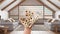Woman\\\'s hand holding daisies, spring and flowers idea, over japandi wooden living room with sofa, attic penthouse