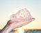 Woman`s hand holding gem grade rough Rose Quartz chunk from Madagascar