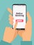 Woman`s Hand holding smartphone with book button on screen.Concept of online booking mobile application for renting accommodation