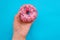 A woman`s hand holds a pink donut on a blue background. Confectionery products. Harmful fast food