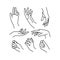 Woman`s hand icon collection line. Vector Illustration of Elegant female hands of different gestures.