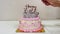 Woman\\\'s hand lighting candles for happy birthday on cake