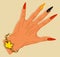 Woman\\\'s hand with long bright nails and bracelet with maple leaf.